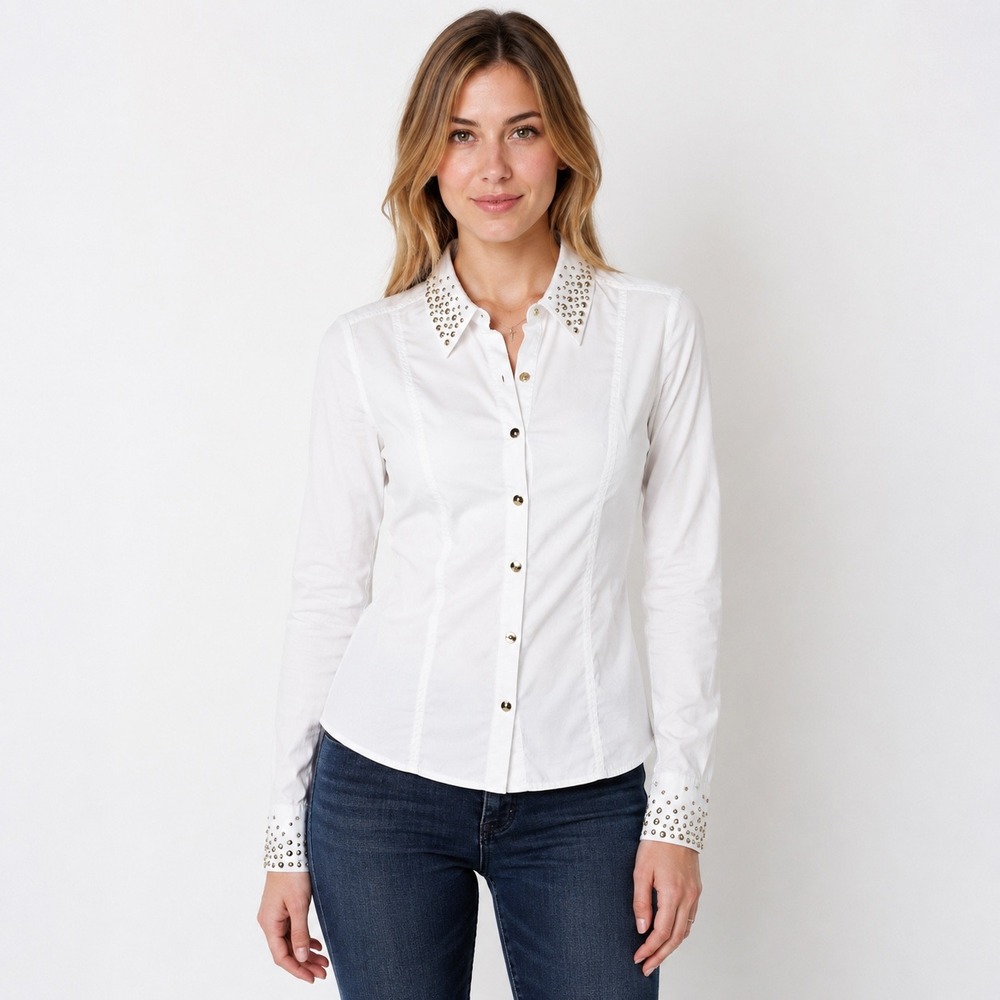 Cache White Studded Collar Button Down Blouse Small Gold Buttons